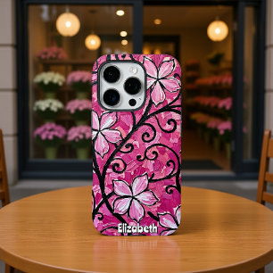 黒いスクロールワークに彫刻されたピンクの花 iPhone 16 PROケース