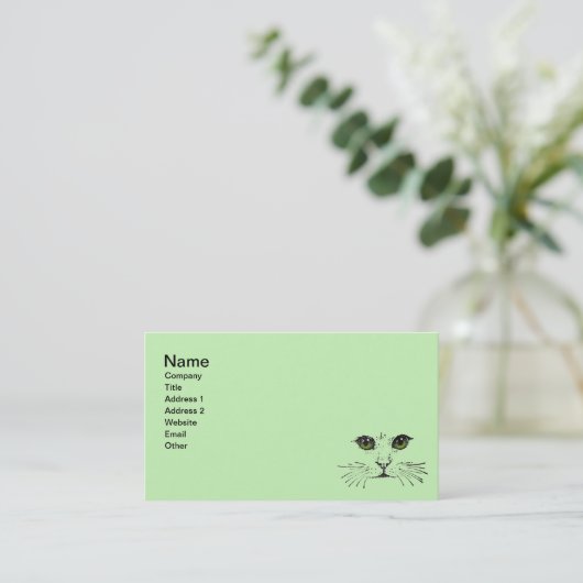 黒いスケッチの猫の顔緑の黄色い目 名刺 (スタンド正面)