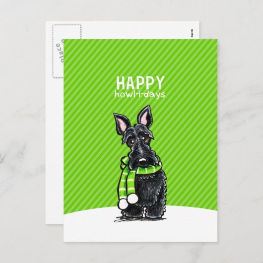 黒いスコッチテリアのスカーフのクリスマスの冬の緑 シーズンポストカード (正面/裏面)