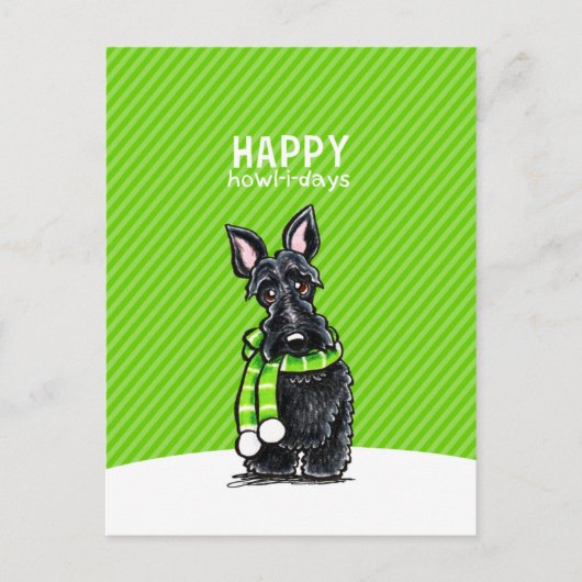 黒いスコッチテリアのスカーフのクリスマスの冬の緑 シーズンポストカード (正面)