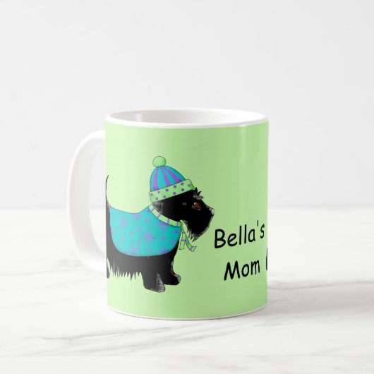黒いスコットランド犬の青い緑の名前パーソナライズされた コーヒーマグカップ (正面左)
