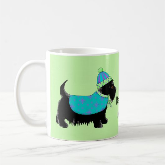 黒いスコットランド犬の青い緑の名前パーソナライズされた コーヒーマグカップ (左)
