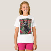 「黒いスコティッシュ・テリアの赤いバラ」 Tシャツ (正面フル)