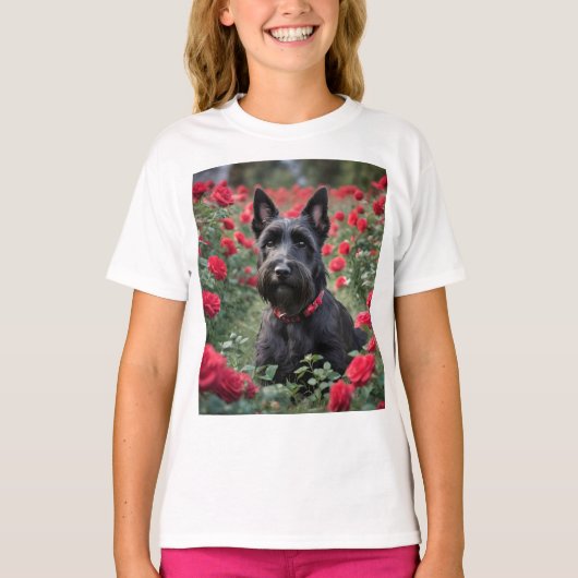 「黒いスコティッシュ・テリアの赤いバラ」 Tシャツ (正面)