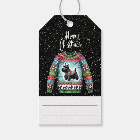 黒いスコティドッグ醜いクリスマスセーター ギフトタグ (正面)