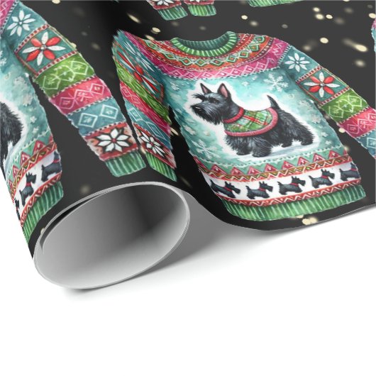 黒いスコティドッグ醜いクリスマスセーター ラッピングペーパー (ロールコーナー)
