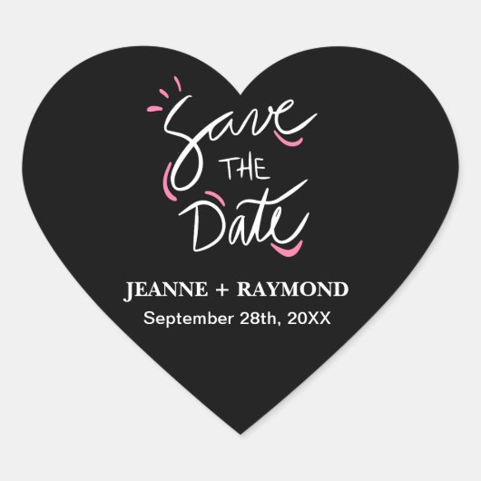 黒いスタイリッシュ書道結婚式の日付を保存 ハートシール (正面)