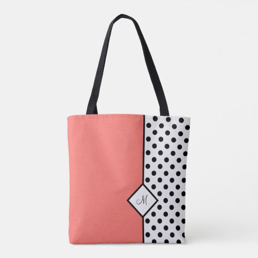 黒いスタイリッシュ水玉模様とモノグラムを持つサンゴ トートバッグ (裏面)