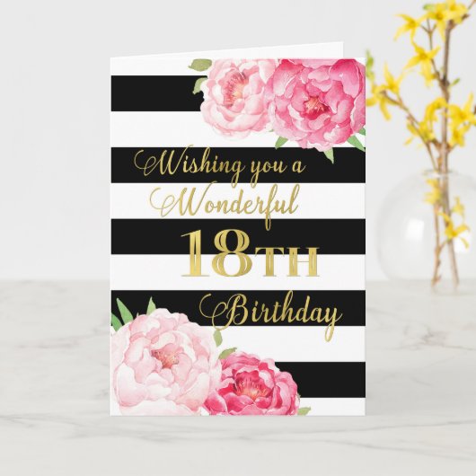 黒いストライプとピンクの花が18番目に幸せに誕生日 カード (黄色い花)
