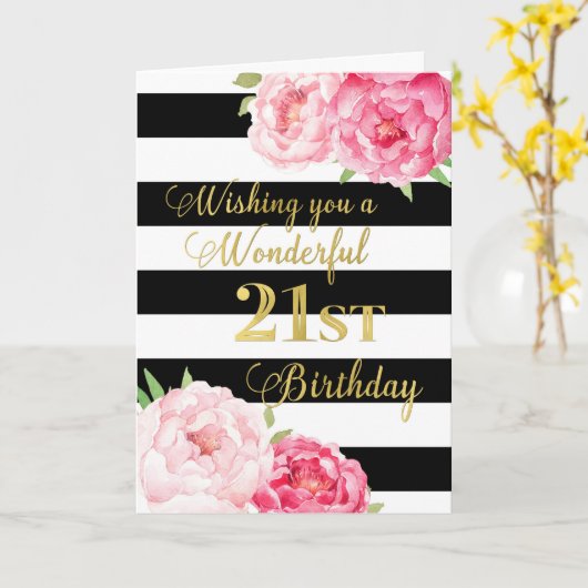 黒いストライプとピンクの花が21歳の誕生日おめでとう カード (黄色い花)