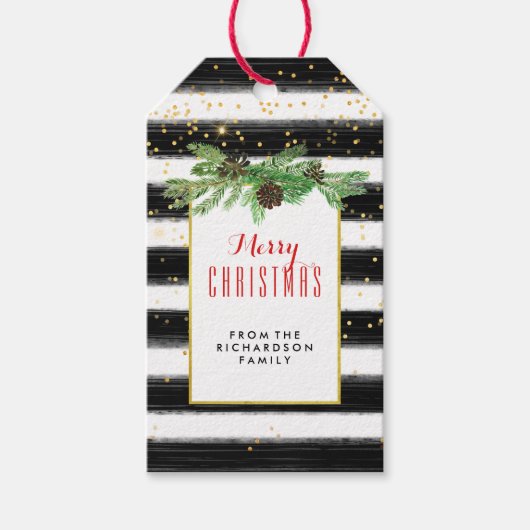 黒いストライプ金ゴールド紙吹雪と松円錐 ギフトタグ (正面)