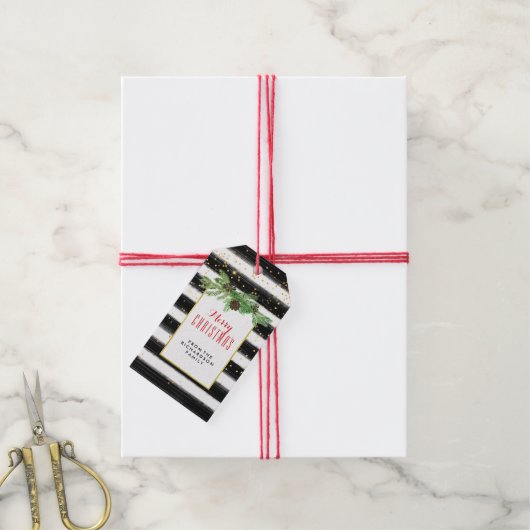 黒いストライプ金ゴールド紙吹雪と松円錐 ギフトタグ (より糸付き)