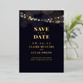 黒いストリングライトフォイル日付を保存 箔招待状 (立ち正面)