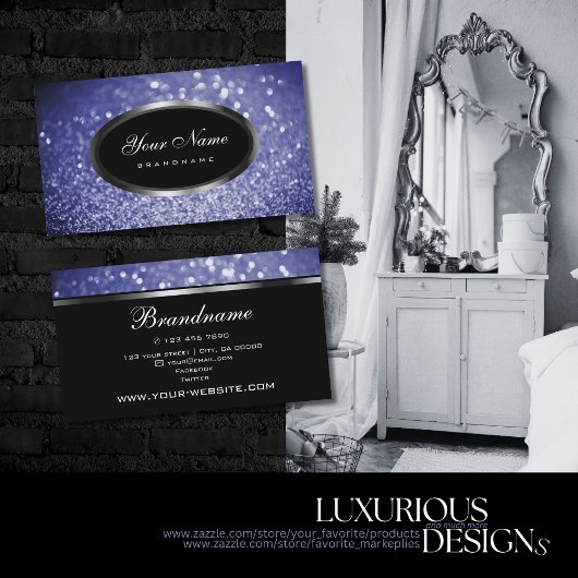 黒いスパークルブルーグリッターとシルバー楕円形 名刺