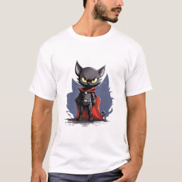 黒いスーパーヒーローの猫のレッドマントTシャツ Tシャツ