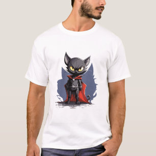 黒いスーパーヒーローの猫のレッドマントTシャツ Tシャツ