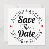 黒いタイポグラフィと赤いハートが背面に写真 セーブザデート (正面)