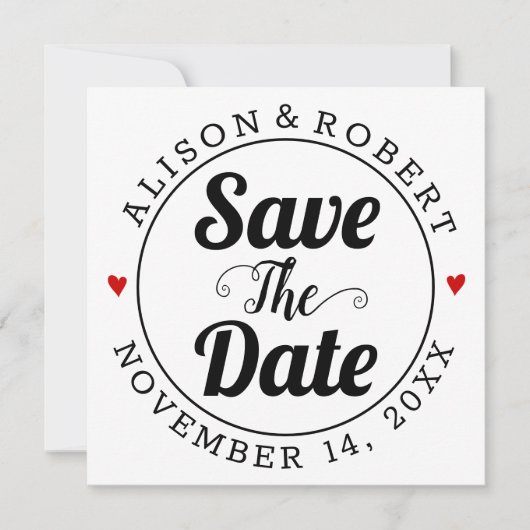 黒いタイポグラフィと赤いハートが背面に写真 セーブザデート (正面)