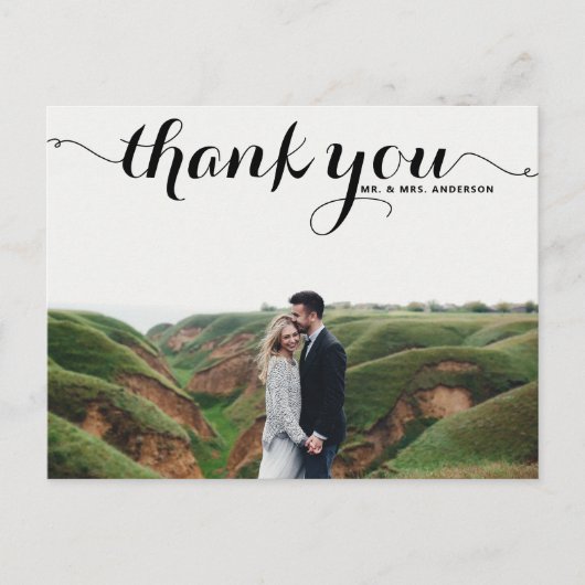 黒いタイポグラフィの原稿の結婚式は郵便はがき感謝していしています ポストカード (正面)