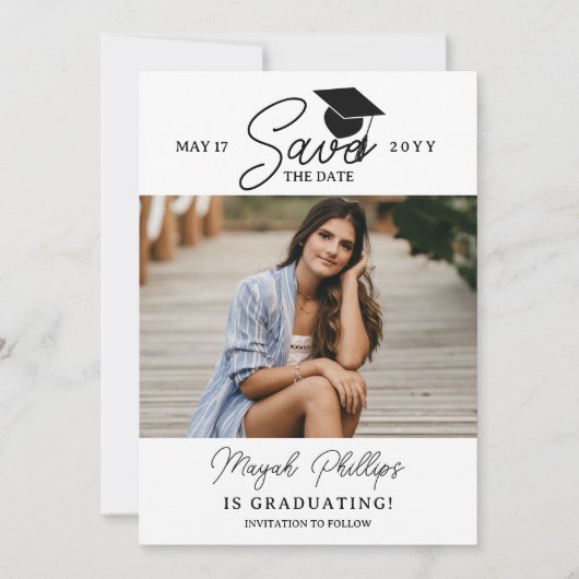 黒いタイポグラフィ写真の卒業式の日付を保存 セーブザデート (正面)