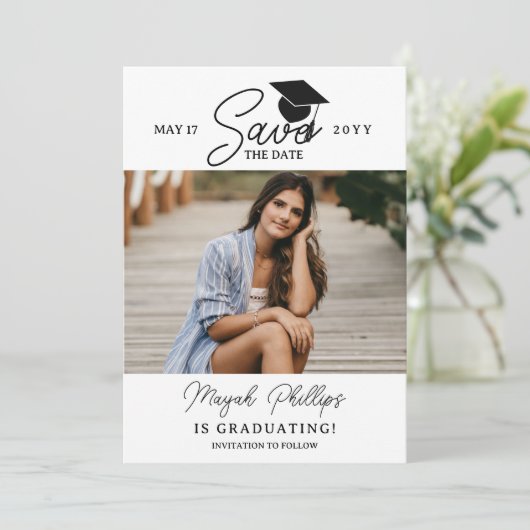 黒いタイポグラフィ写真の卒業式の日付を保存 セーブザデート (スタンド正面)