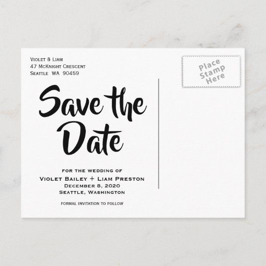 黒いタイポグラフィ写真の日付の保存 案内ポストカード (裏面)