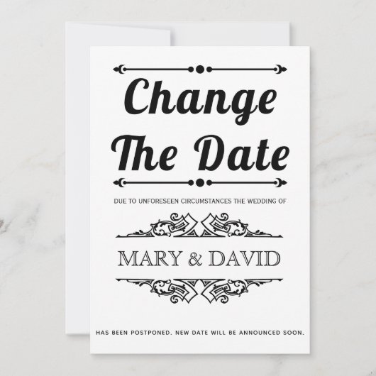 黒いタイポグラフィ日付の発表の変更 セーブザデート (正面)