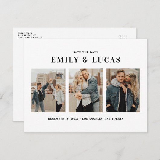 黒いタイポグラフィ3枚の写真コラージュ日付を保存 案内ポストカード (正面/裏面)