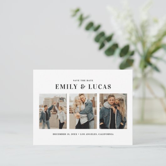 黒いタイポグラフィ3枚の写真コラージュ日付を保存 案内ポストカード (スタンド正面)