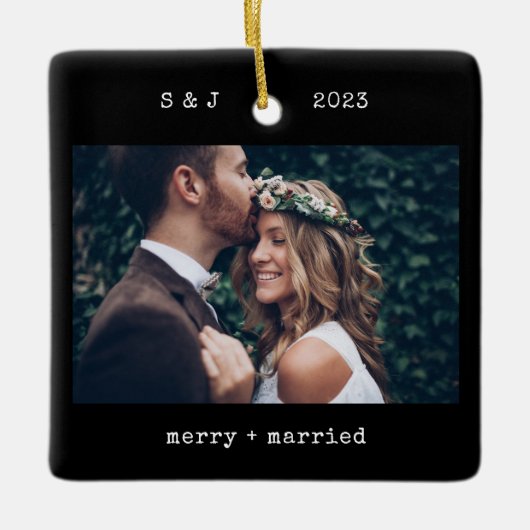 黒いタイミニマルプライター |とメリー写結婚した真 セラミックオーナメント (正面)
