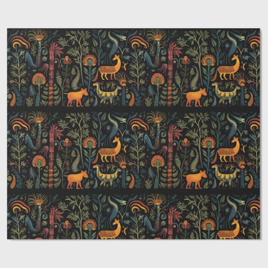 黒いタイルの神秘的なファンタジー動物 ラッピングペーパー (フラット)