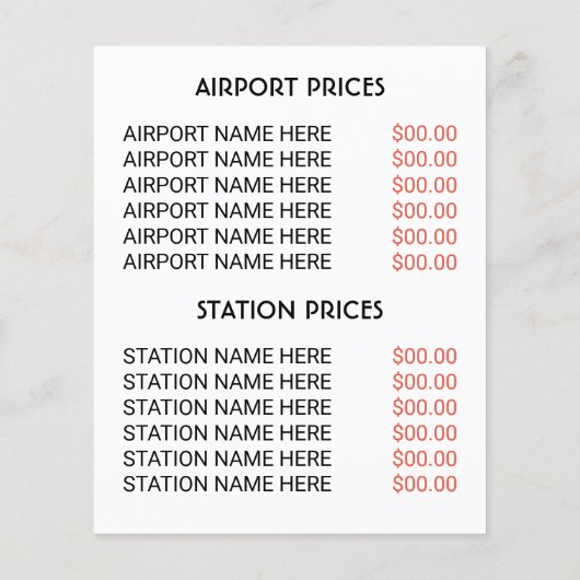 黒いタクシー·キャブ·ロゴ、タクシー·キャブ·ファーム（価格表付き） チラシ (裏面)