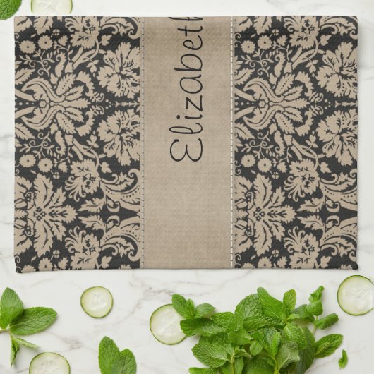 黒いタンのダマスク織によってステッチされる子牛皮紙 キッチンタオル (折り畳み)