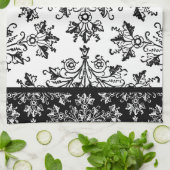 黒いダマスクとレバーカラー縁ど キッチンタオル (折り畳み)