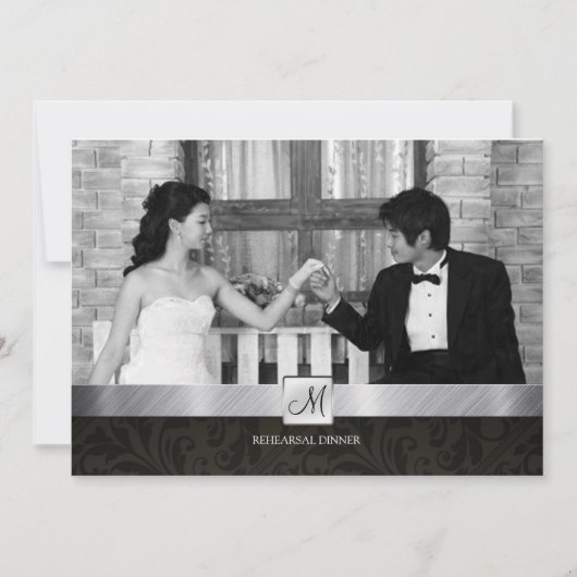 黒いダマスクと銀のリハーサルモダンディナー 招待状 (正面)