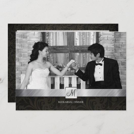 黒いダマスクと銀のリハーサルモダンディナー 招待状 (正面/裏面)