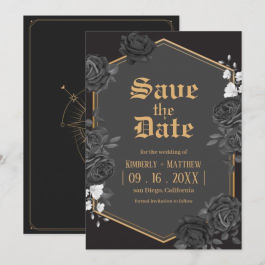 黒いダマスクのバラ Save The Date ウェディング 招待状 (正面/裏面)