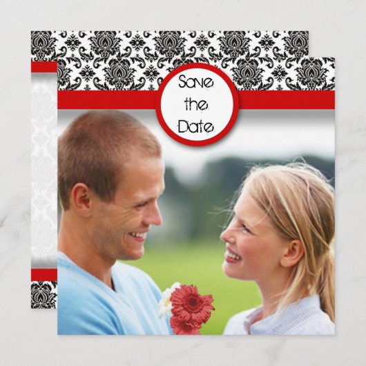 黒いダマスクの白い赤いトリム日付を保存 セーブザデート (正面/裏面)