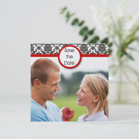 黒いダマスクの白い赤いトリム日付を保存 セーブザデート (スタンド正面)