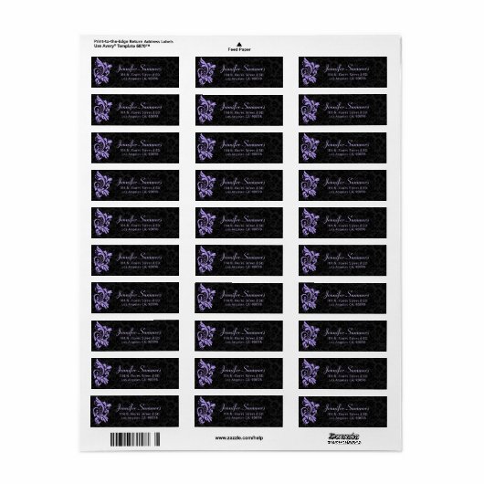 黒いダマスクの背景の紫色の渦巻き ラベル (フルシート)