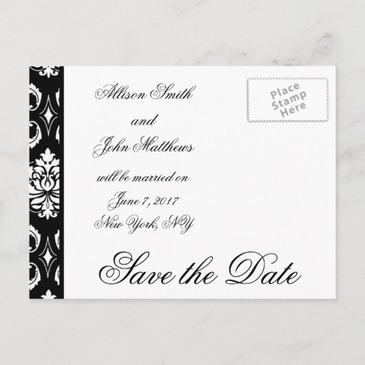 黒いダマスク写真の日付はがきを保存 案内ポストカード (裏面)