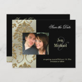 黒いダマスク日付を保存フォトポストカード、 案内ポストカード (正面/裏面)