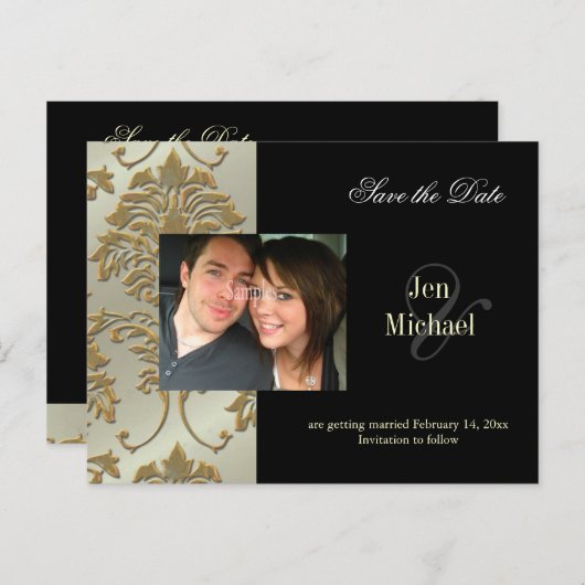 黒いダマスク日付を保存フォトポストカード、 案内ポストカード (正面/裏面)