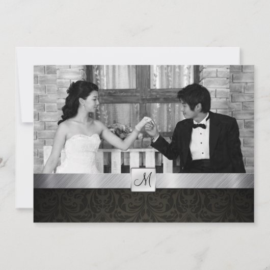 黒いダマスク織および銀のモダンな結婚式の招待 招待状 (正面)