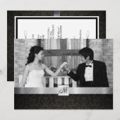 黒いダマスク織および銀のモダンな結婚式の招待 招待状 (正面/裏面)