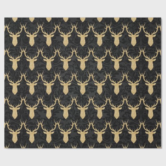 黒いダマスク織のエレガントな金ゴールドのクリスマスのトナカイ ラッピングペーパー (フラット)