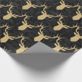 黒いダマスク織のエレガントな金ゴールドのクリスマスのトナカイ ラッピングペーパー (角)