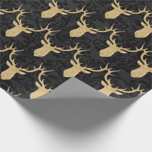 黒いダマスク織のエレガントな金ゴールドのクリスマスのトナカイ ラッピングペーパー (角)