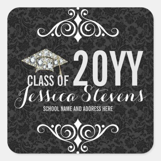 黒いダマスク織のフェイクなDamionsの卒業の帽子2b スクエアシール (正面)