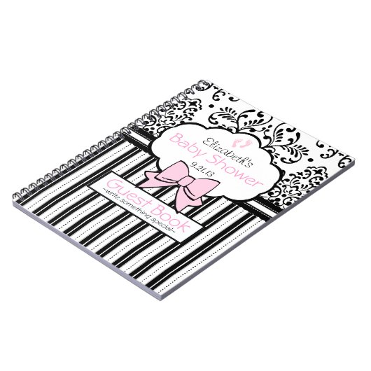 黒いダマスク織のベビーシャワーの来客名簿とのピンク ノートブック (左側)